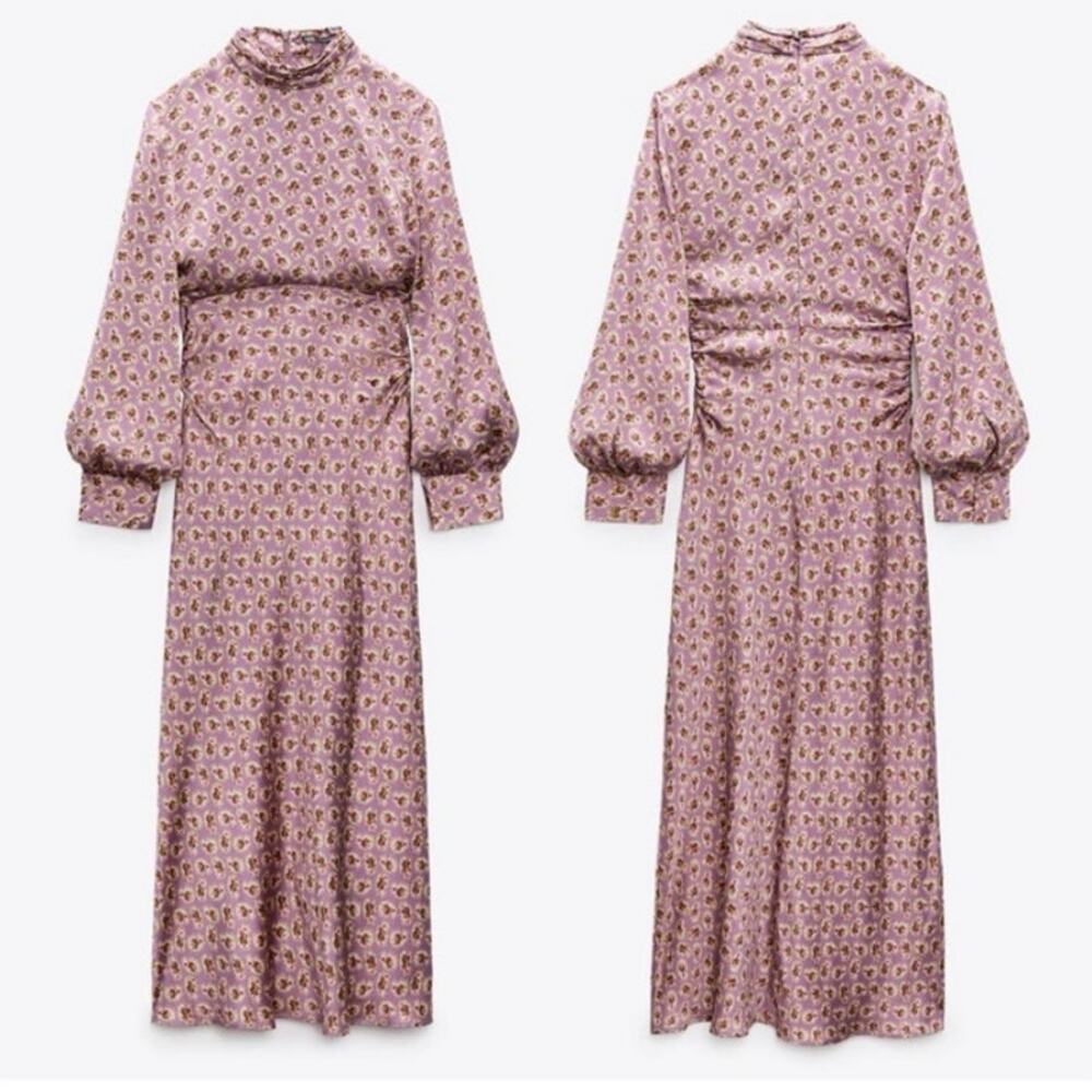 Zara Size M Floral Print Silky Satin Midi Dress Purple With Ruching Long Sleeve - Picture 2 of 12